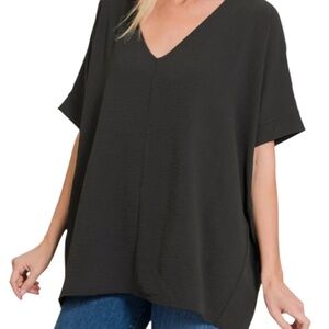 Zenana Full Size V-Neck Short Sleeve Black Top Size XL